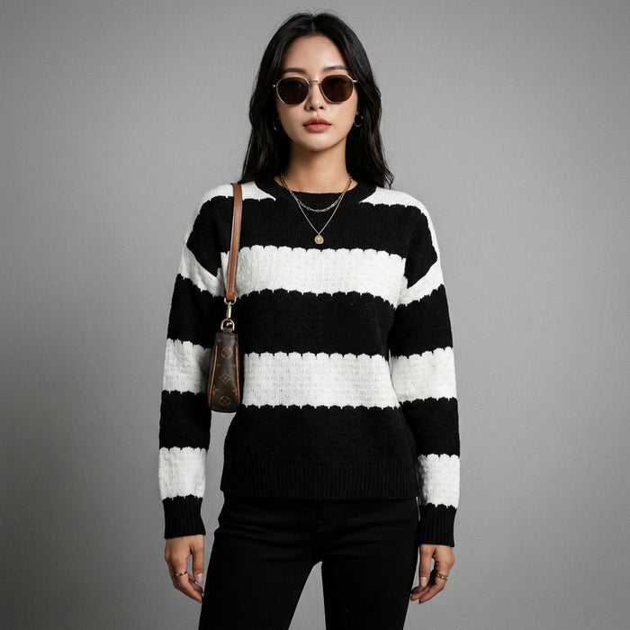 Pull rayé noir col rond manches longues femme - Koreanxwear - Taille L