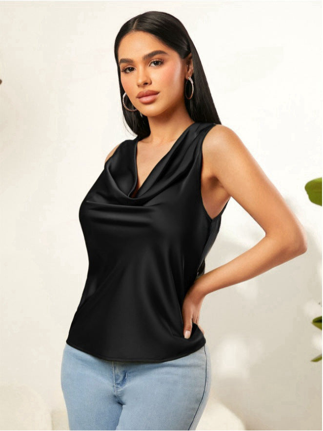 Summer Satin Pile Collar Solid Color Sleeveless Vest Women Sleeveless Blouse