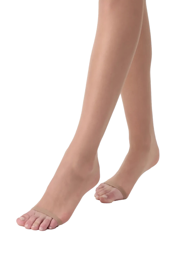 Nude coloured no toe tights  worn by a person on a grey check background