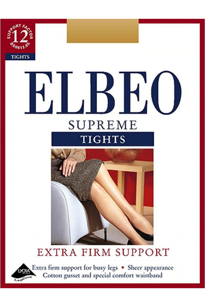 Elbeo Supreme Tights packaging with a model wearing tights