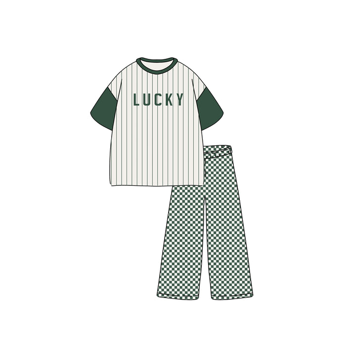 The T-Shirt & Pant Set | Lucky Micro Check by forever french baby pairs a white pinstriped drop-sleeve tee with green sleeves and "LUCKY" on the front, and wide leg green and white checkered pants for a coordinated look.