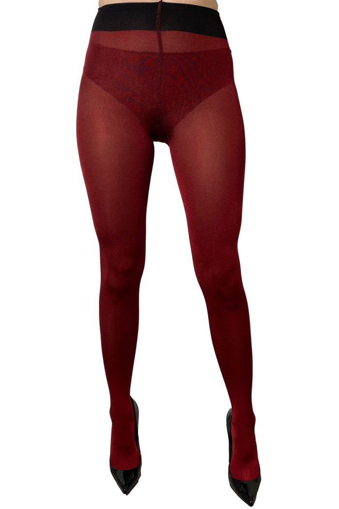 Bordaux tights with black top and shoes on a white background