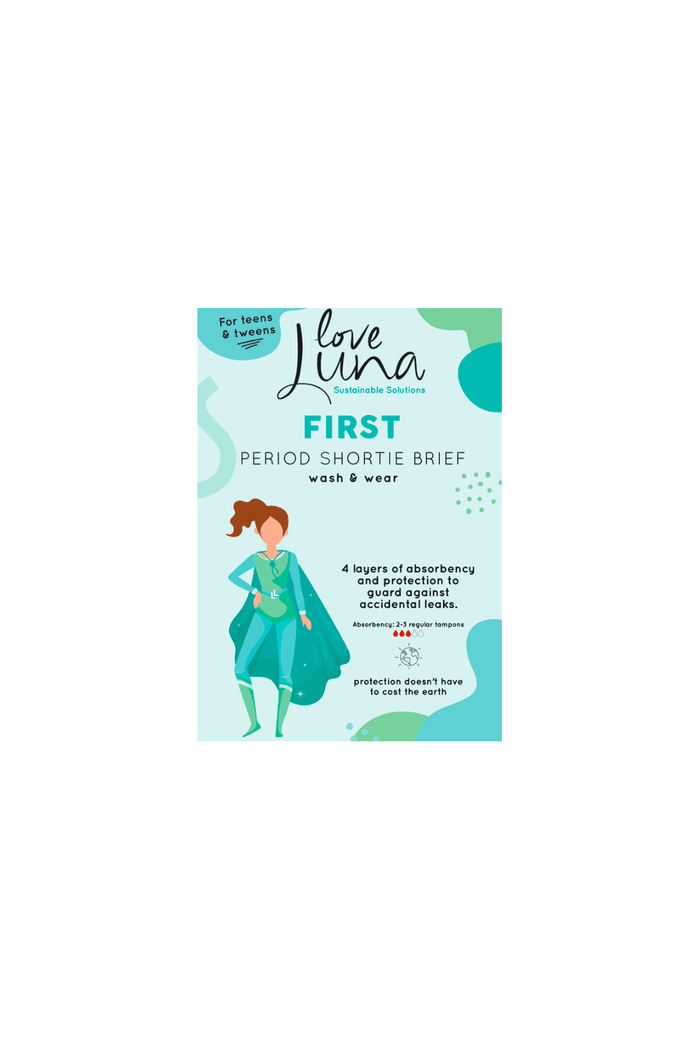 Love Luna first  period shortie brief  product packaging with a child in a superhero costume on a white background