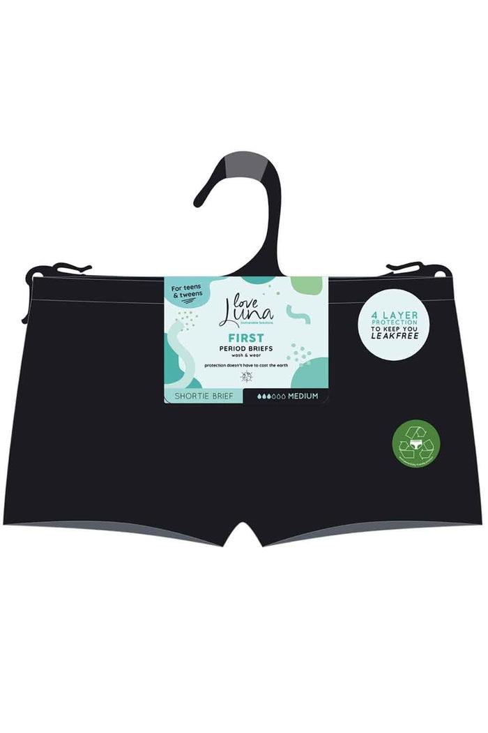 Black Love Luna period shortie briefs with a hanger on a white background
