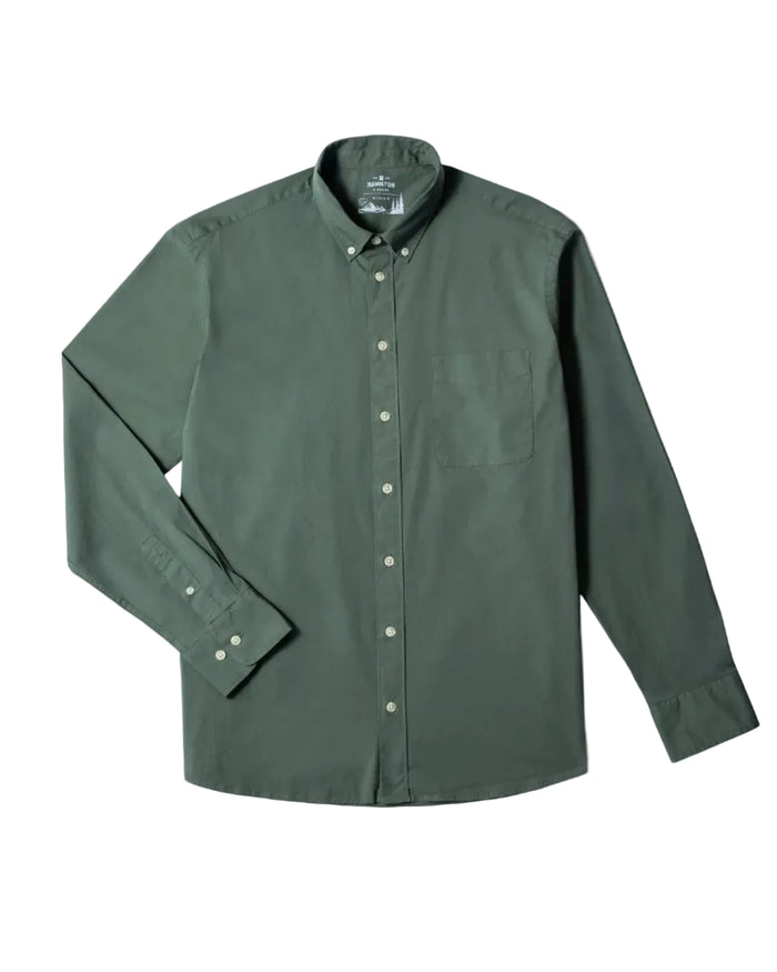 Green button-up shirt on a white background