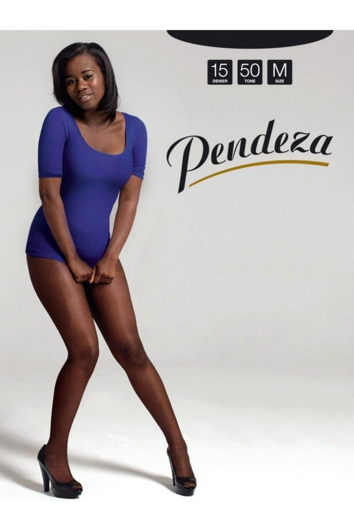 A model wearing 15 denier 50 tights by Pendeza on a grey background