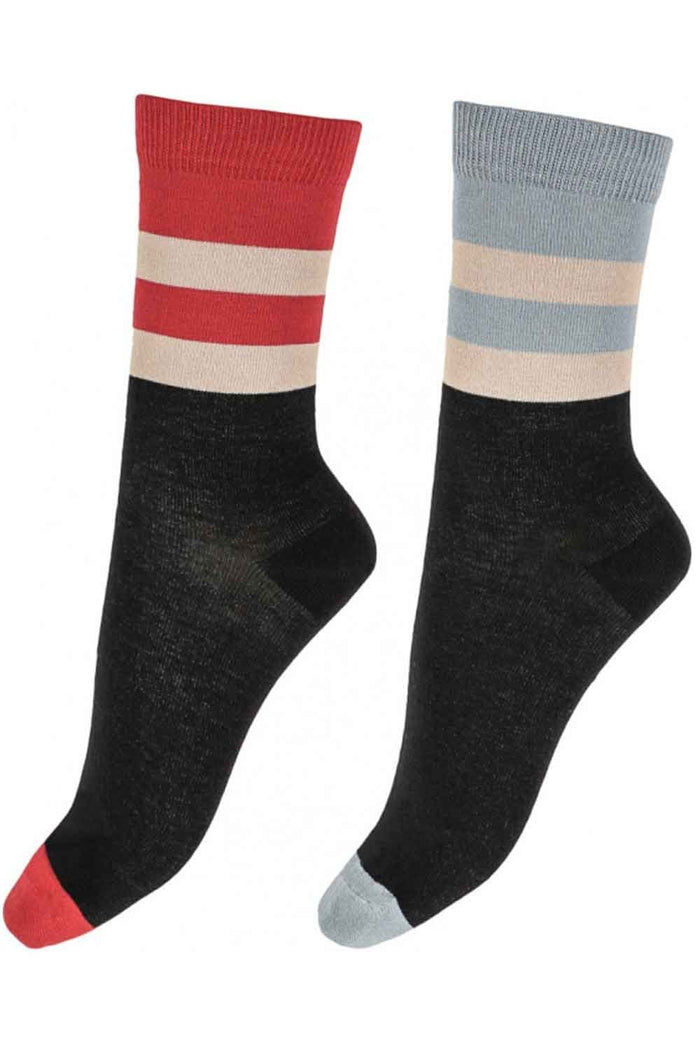 Two pairs of socks with striped patterns of red and black and blue and black on a white background