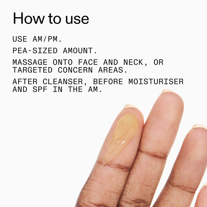 Hand with a pea-sized amount of Tranexamic Acid Serum on a white background, showing how to use the product.