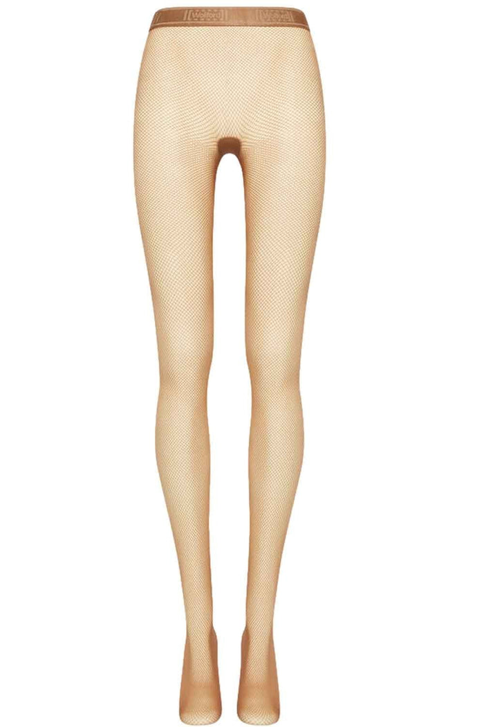 Gobi coloured fishnet tights on a white background