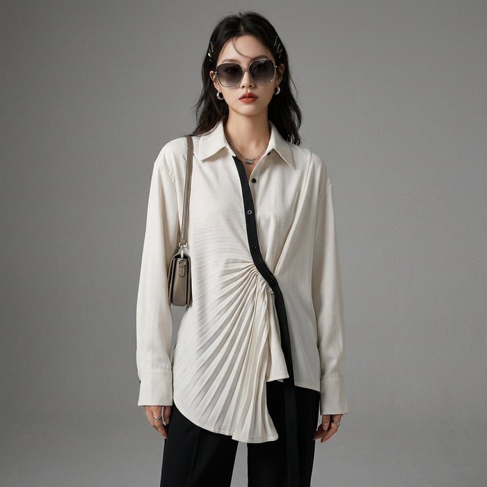 Chemise plissée bicolore manches longues - K-fashion décontractée - Taille S