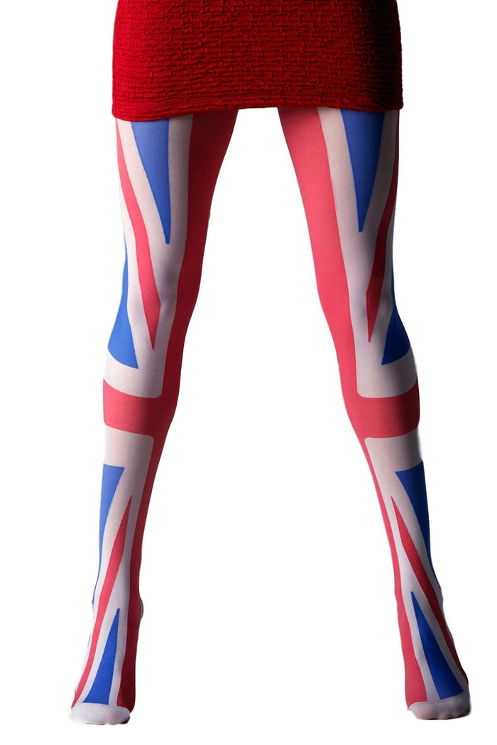 Union Jack patterned tights worn with a red skirt on a white background
