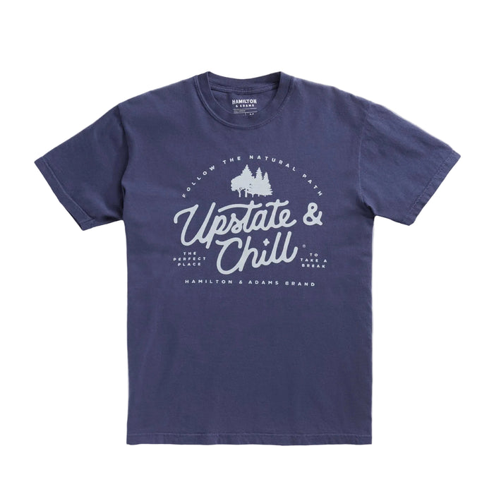 Navy blue t-shirt with white text and graphics on a gray background