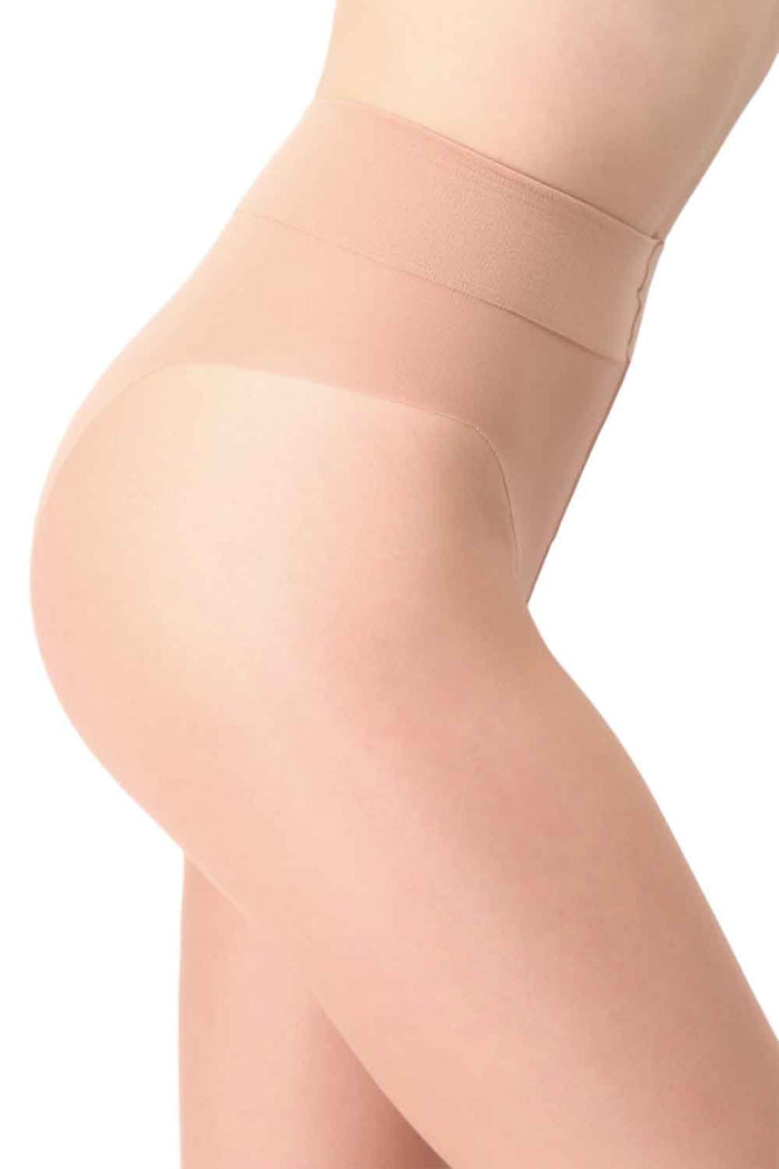 Beige v slim tights worn by a person on a white background