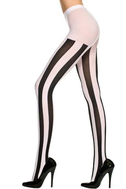 White tights with black vertical stripes worn by a person on a white background