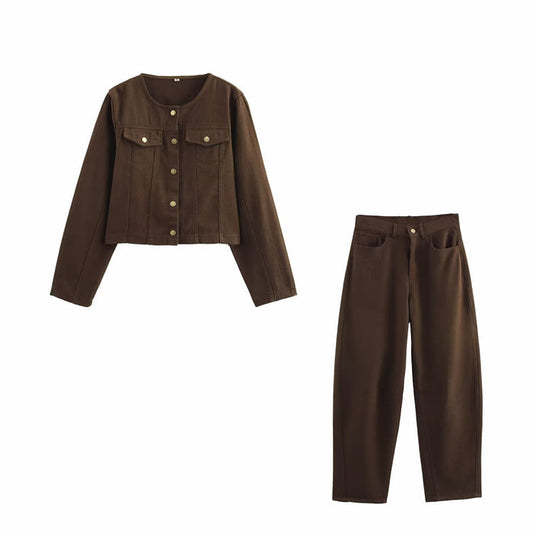 Washed Denim Brown round Neck Long Sleeve Tooling Short Jacket Loose High Waist Jeans Casual Set Women