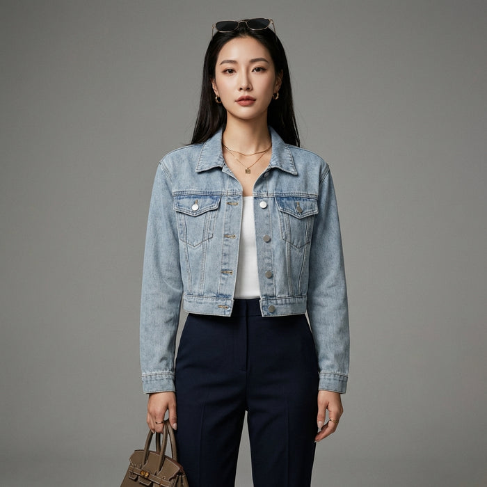 Veste courte en denim lavé bleu pour femme - K-fashion - Taille S
