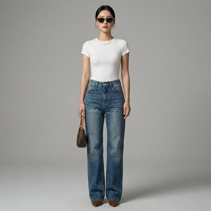 Jean droit délavé bleu femme - Koreanxwear - Taille XL - Grande Taille