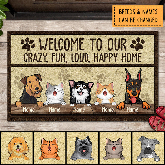 Welcome To Our Crazy Fun Loud Happy Home, Pawprint & Heart, Personalized Dog & Cat Doormat, Home Decor, Pet Lovers Gifts