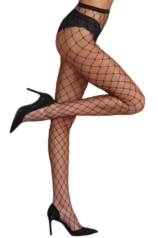 Black whale net tights  worn with black high heels on a white background