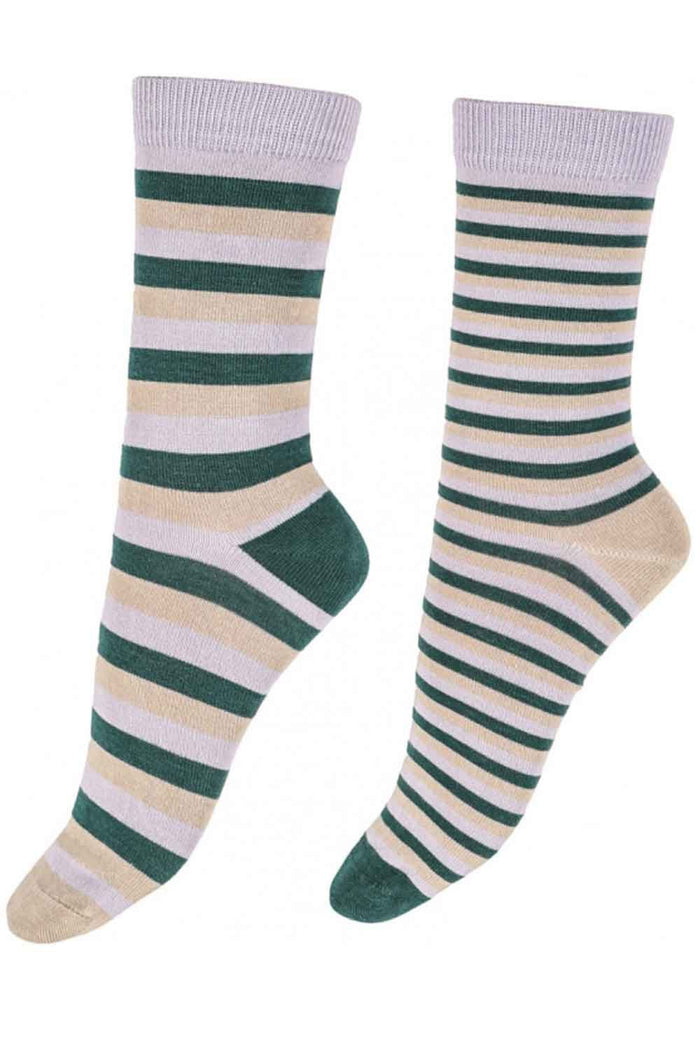 Pair of striped socks with green, beige, and white colors on a white background