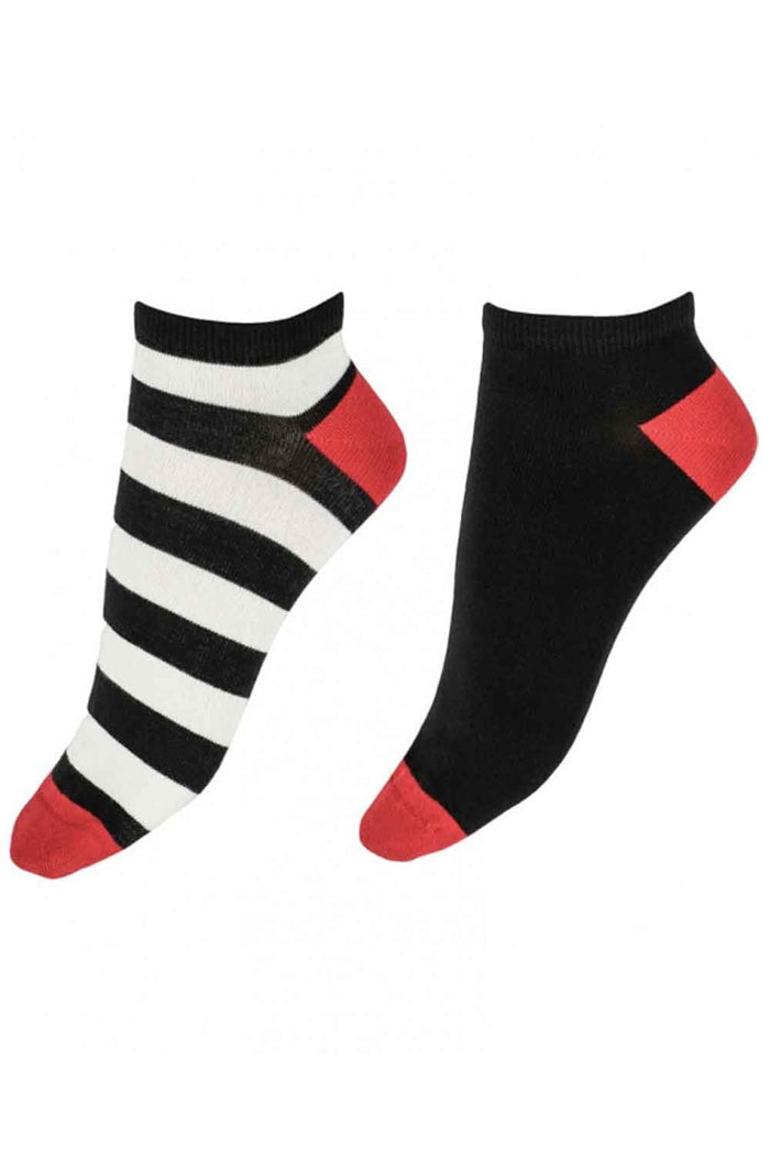 Two pairs of liner socks, one striped black and white with red toes and cuffs, the other solid black with red toes and cuffs, on a white background.