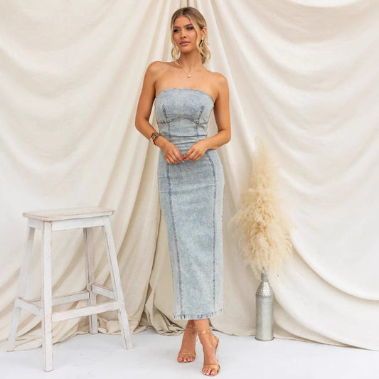 Women Bandeau Sexy Girls Slim Fit Patchwork Denim Dress