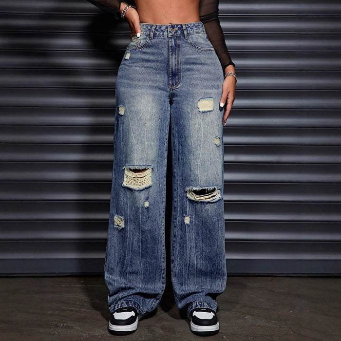 Women Clothing Casual Loose Straight Ripped Denim Trousers
