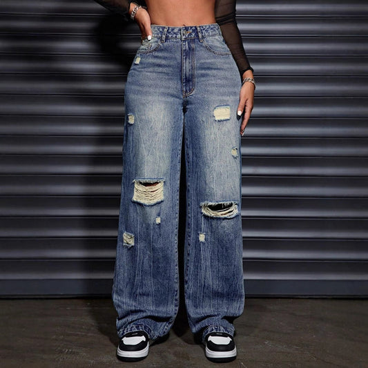 Women Clothing Casual Loose Straight Ripped Denim Trousers