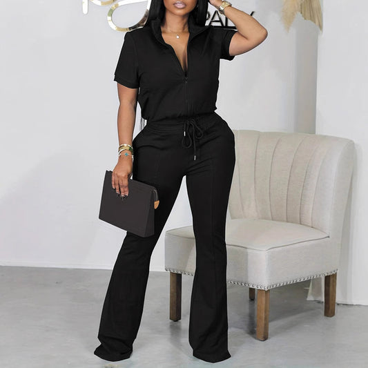 Women Clothing Casual Polo Collar Zipper Fly Short Sleeved Trousers Plus Size Casual Two Piece Sets