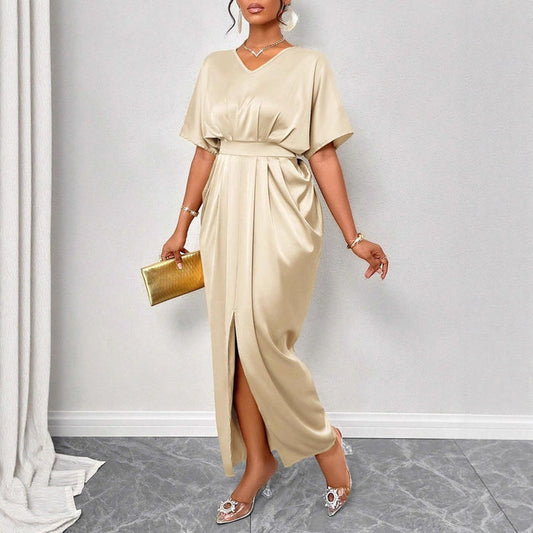 Women Clothing Early Autumn Satin Dress Ball Gown Satin Waist Tight Maxi Dress