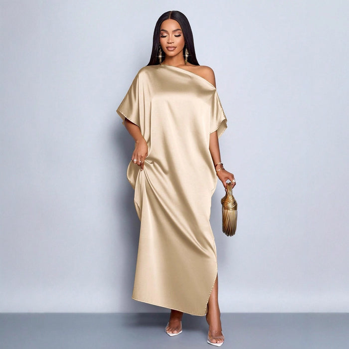 Women Clothing Early Autumn Satin Dress Yellow Satin Maxi Dress