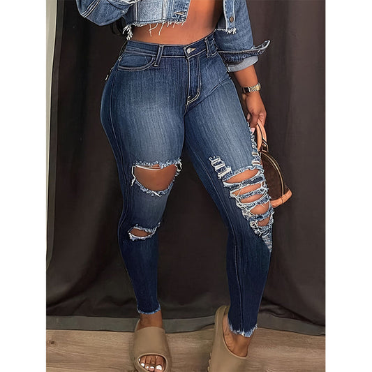 Women Clothing Holes Stretch Jeans Trousers