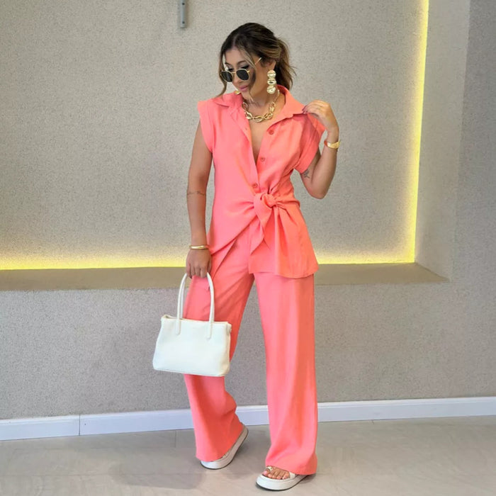 Women Clothing Lace up Waist Short Sleeved Shirt High Waist Casual Pants Two Piece Set