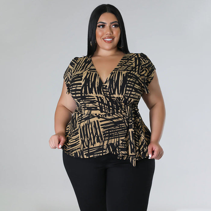 Women Clothing Spring Summer Print Top V neck Trousers Casual Two Piece Suit