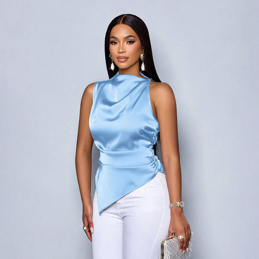 Women Clothing Summer Satin Shirt Women Asymmetric Satin Shirt Women Top