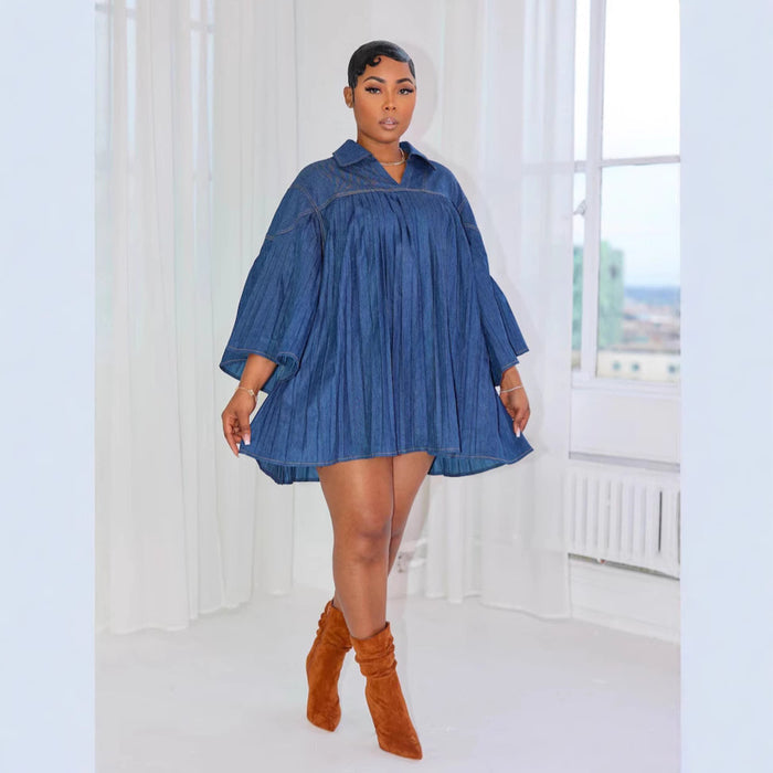 Women Elegant Loose Denim Row Pleated Stitching Women Clothing Dress