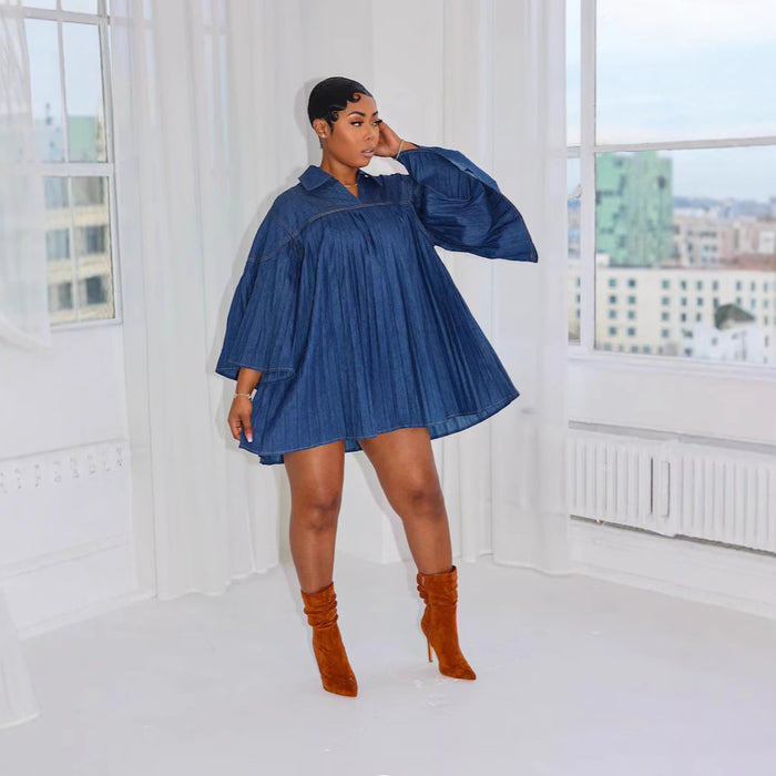 Women Elegant Loose Denim Row Pleated Stitching Women Clothing Dress