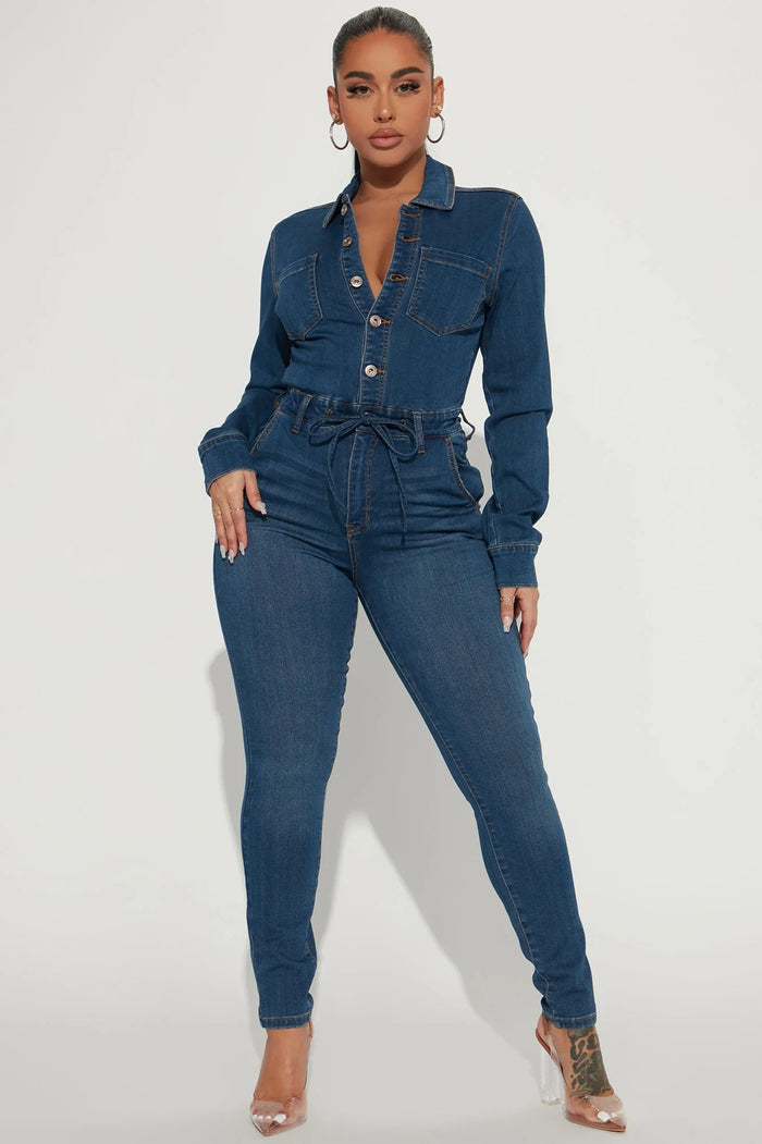 Women Sexy Long Sleeve High Elasticity Denim Jumpsuit