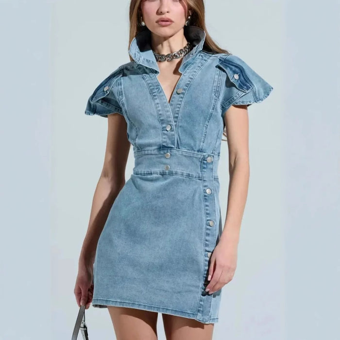 Women Wear Spring Summer Casual Street Stand Collar Button Denim Dress