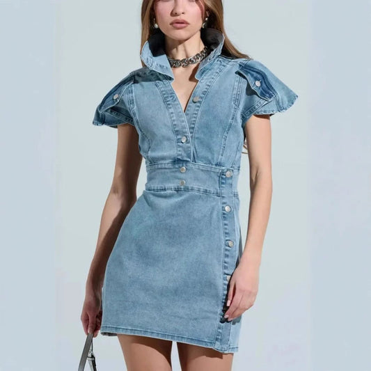 Women Wear Spring Summer Casual Street Stand Collar Button Denim Dress