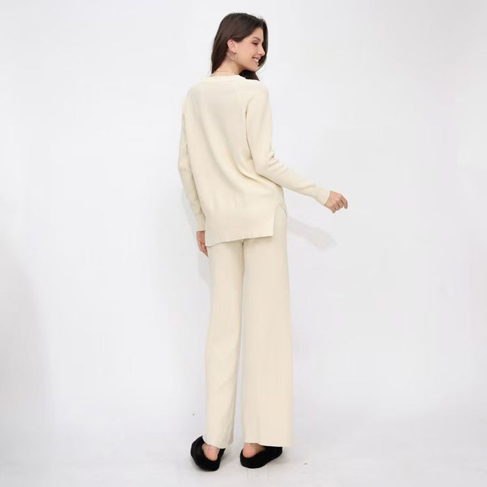 Women Winter Loose Knitted Long Sleeved Round Neck Sweater And Pants Two Piece Set