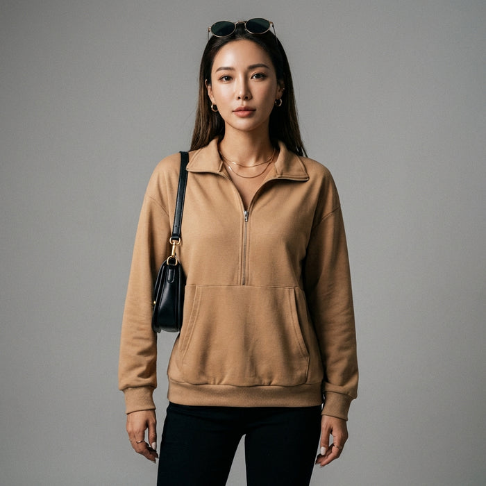 Sweatshirt camel zippé col revers avec poches - Mode coréenne unisexe - Taille S